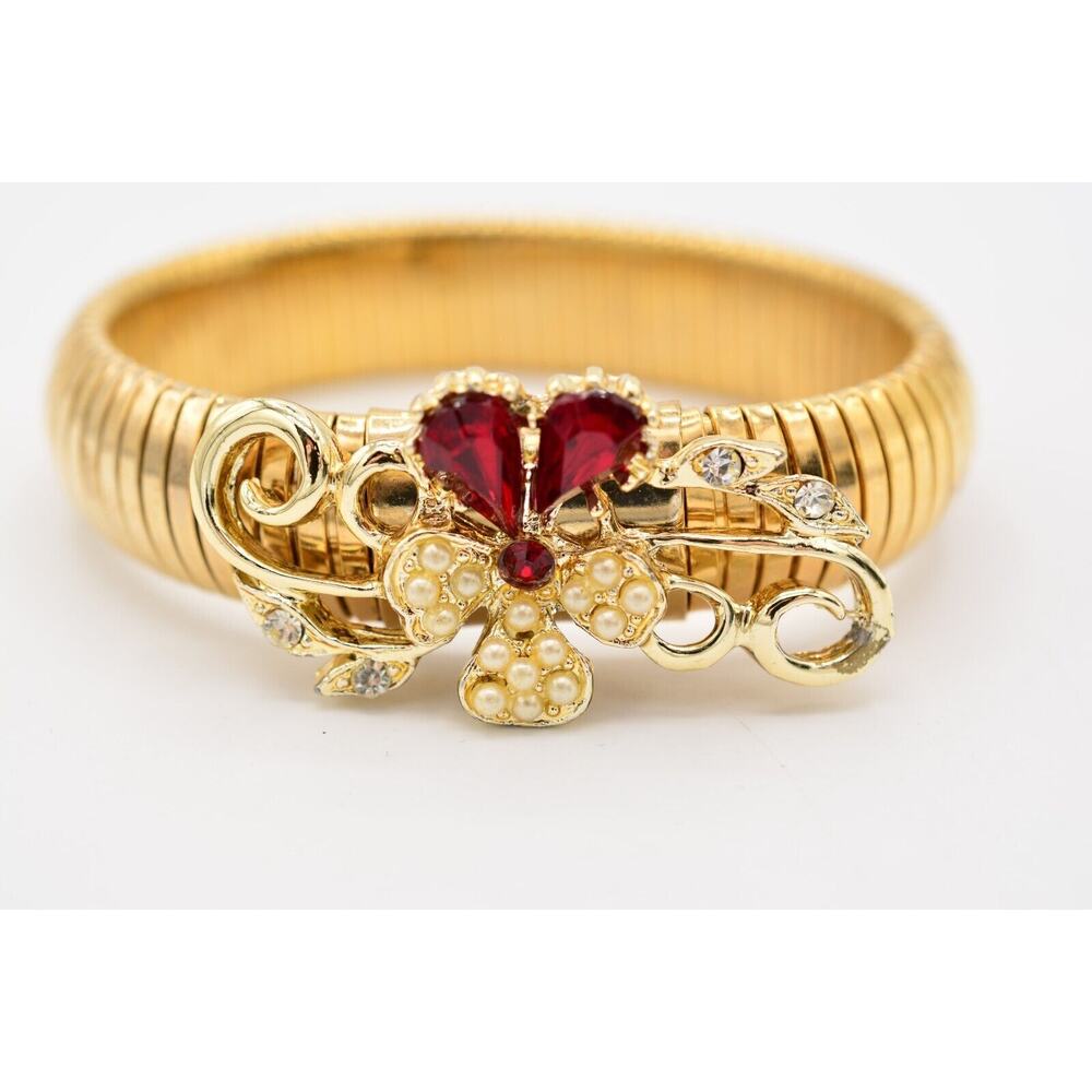 Vintage Crystal Bangle Bracelet Flex Stretchy Gold Red Rhinestone Pearl 70s Bin7